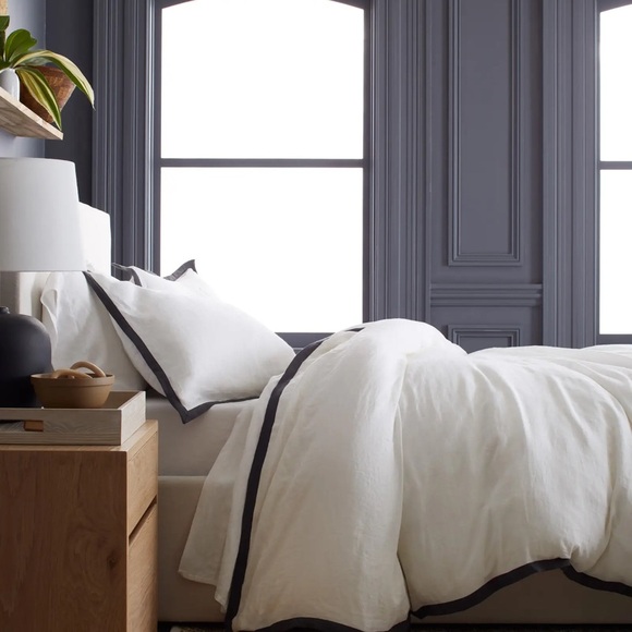 QUINCE EUROPEAN LINEN CONTRAST FLANGE DUVET COVER SET KING/CALKING - Picture 5 of 9